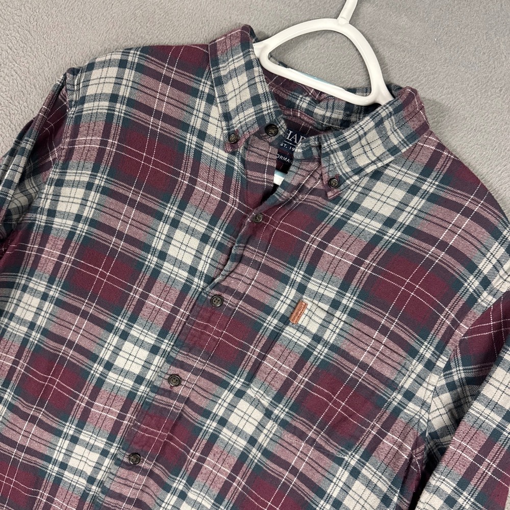 Chaps Shirt Mens Large Burgundy Plaid Performance Flannel Button Down Cotton